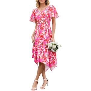 Dressystar Floral Summer Dress V Neck Midi Women Sun Dresses Short Sleeve Ruffle Casual Boho Vacation, L