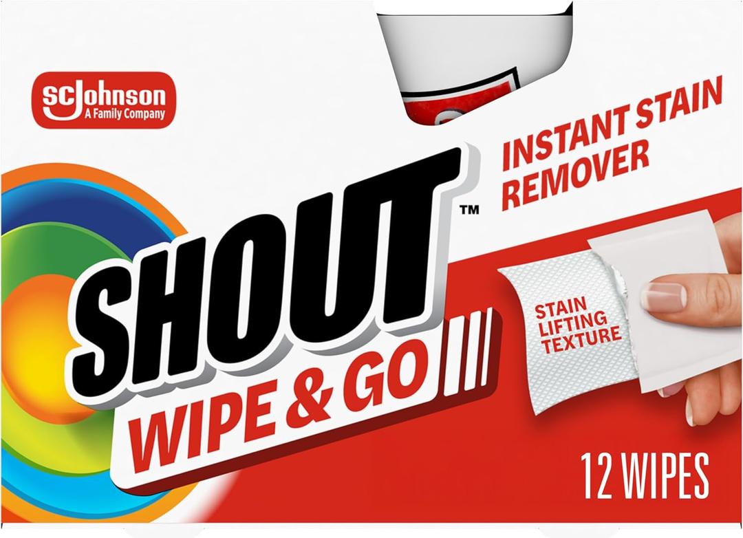 Shout Wipe & Go Instant Stain Remover Wipes, No Wash Required, Safe on Colorfast Washables, Travel & Baby Diaper Bag Essentials, Removes Grass, Coffee, Makeup & More, 12 Wipes (Pack of 1)