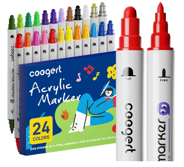Coogert 24 Paint Pens for Rock, Fabric, Wood, Glass, Craft, Dual Tip Acrylic Paint Markers With Fine-Dot Tip for Canvas,Ceramic, Plastic, Art Painting Supplies Kit