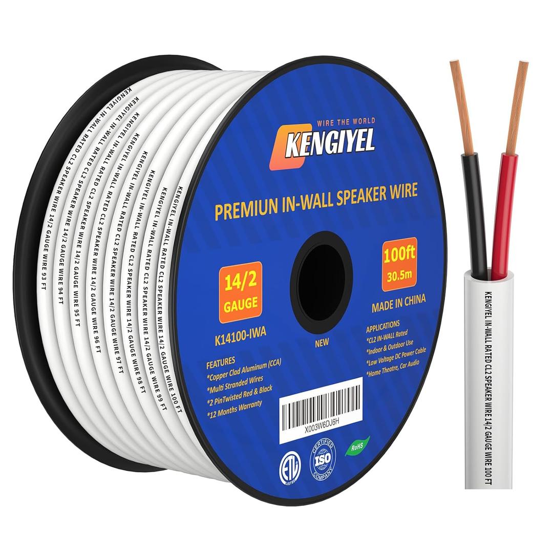 Speaker Wire 14 Gauge 100FT,14 AWG Stranded PVC Extension Cord,CL2 Rated in-Wall Fire Safety Wire,12V Low Voltage/Tinned Copper/Flexible Cable for Automotive Wiring, Lamp Cord, Marine Cable,CCA