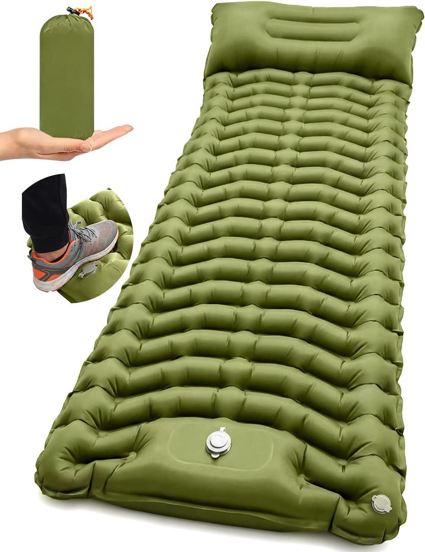 Camping Sleeping Pad, Inflatable Camping Mattress Pad with Built-in Pillow & Foot Pump, 4 Inch Thick Ultralight Sleeping Air Mattress for Backpacking, Hiking, Traveling, Tent Camping - Olive Green