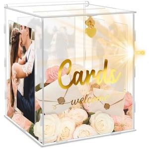 Lotheove Acrylic Wedding Card Box with Picture Frame, Acrylic Card Box with Slot, Clear Gift for Wedding Reception Anniversary Graduation Birthday Party Baby Shower
