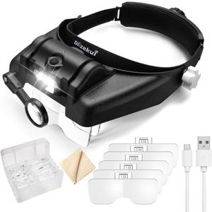 Headband Magnifying Glass with Light, Rechargeable Head Magnifying Glasses 1X to 14X, Magnifier Headset with 6 Detachable Lens, Hands Free Head Mount Magnifier for Close Work Jewelry Crafts (Black)