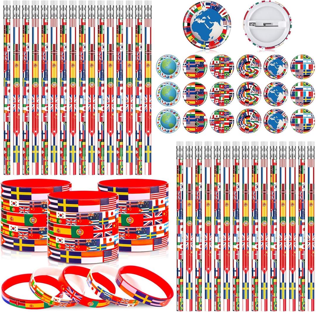 Supervitae 90 Pcs International World Flags Party Favor Accessory Include 30 Flags of World Nation Pencil 30 Rubber Wristband 30 Badge Button Pin for Travel Trip Around The Globe Back to School Decor