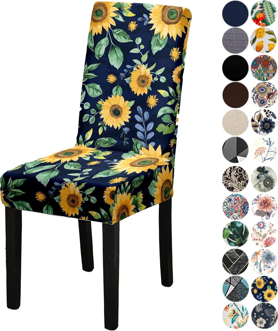 Chair Covers for Dining Chair Set of 6, Stretchy Soft Parson Chair Covers Removable Washable Kitchen Dining Room Chair Slipcovers with Elastic for Universal Fit (Sunflowers)