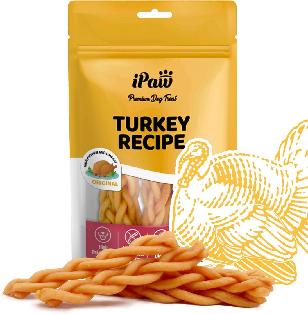 iPaw Turkey Dog Treats, All Natural Human Grade Dog Treat, Suitable for Training chew, US Sourced Raw Material, Hypoallergenic, Rawhide Alternative, Braided Stick. BB: 11/2026
