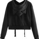 SweatyRocks Women's Long Sleeve Hoodie Crop Top Cat Print Sweatshirt (Black, XL)