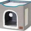 Bedsure Cat Beds for Indoor Cats - Large Cat Cave for Pet Cat House with Fluffy Ball Hanging and Scratch Pad, Foldable Cat Hideaway, 16.5x16.5x13 inches, Grey