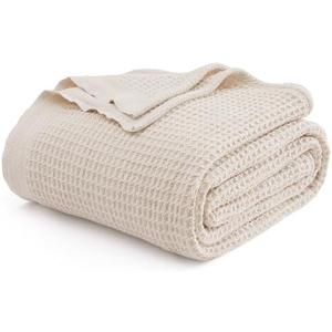 Bedsure Gentlesoft 100% Cotton Blanket King Size for Bed - Breathable and Soft, Waffle Weave Blanket for Summer, Thick Cozy Fall Blankets for Women Gift, Khaki (a Little Bit Yellow), inches Size Queen 90x90