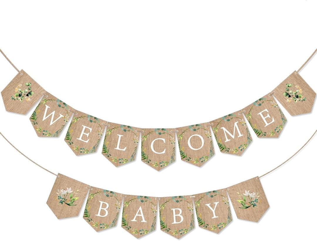 Tatuo Welcome Baby Banner Greenery Banner Bunting Garland Burlap Greenery Decorations Sign for Gender Neutral Baby Shower Rustic Boho Decor Party Favors