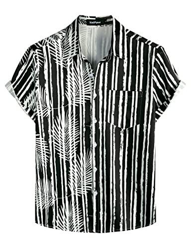 VATPAVE Mens Hawaiian Flamingo Shirts Casual Tropical Short Sleeve Button Down Shirt Summer Beach Shirts (Small) BlackPalmLeaf Beach