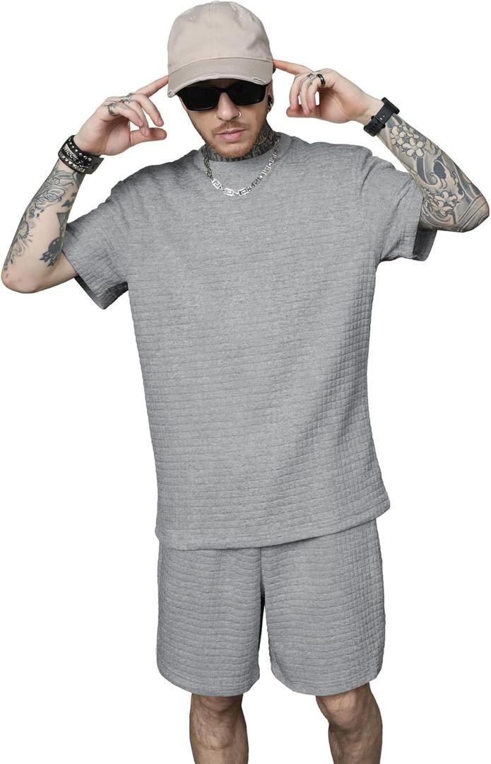 KUYIGO 2 Pieces Outfits Summer Tracksuit Sweatsuits Short Sleeve T-Shirts and Shorts Sets for Generation Z (Medium, A4 Light Grey)
