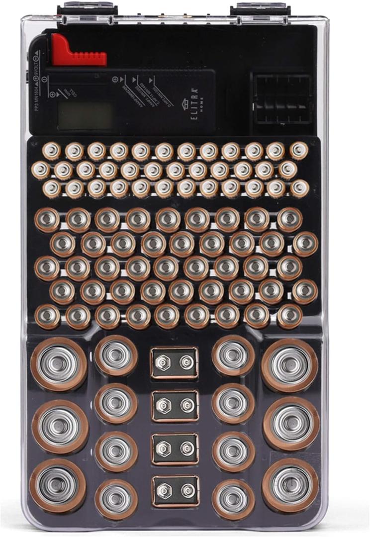 Ultimate Battery Organizer, 104-Slot Storage Case with LCD Tester - Holds AA, AAA, C, D, 9V & Button Batteries, Wall Mountable, Clear Cover Hard Plastic Holder