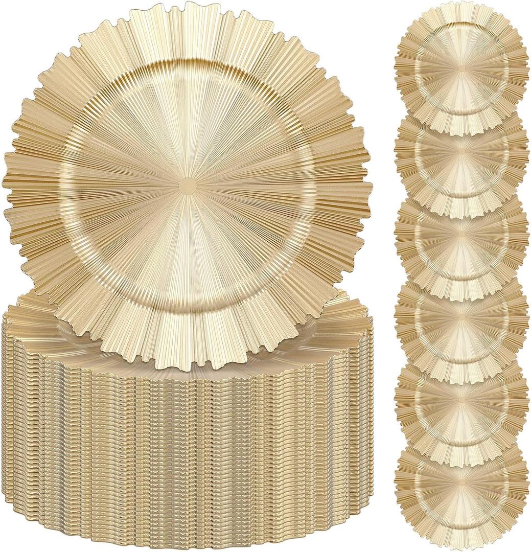 Mifoci 100 Pcs Champagne Gold Charger Plates Bulk 13 Inch Plastic Round Chargers Fluted Edge Dinner Plate Wedding Decoration for Table Setting Wedding Party Event Tabletop, about 13 x 0.8 inches
