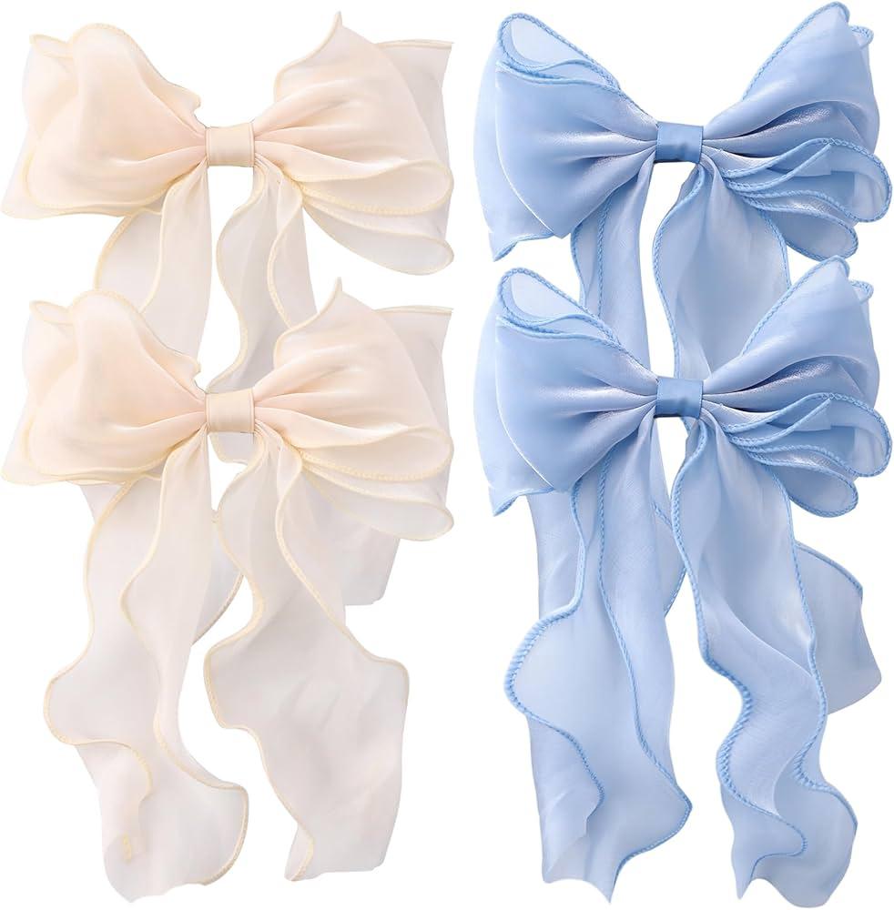 4 PACK Light Blue and Champagne Big Ribbon Hair Bows,Large Hair Accessories,Oversized Long-tail Hair Clips for Women and Girls Hair Styling Accessories.
