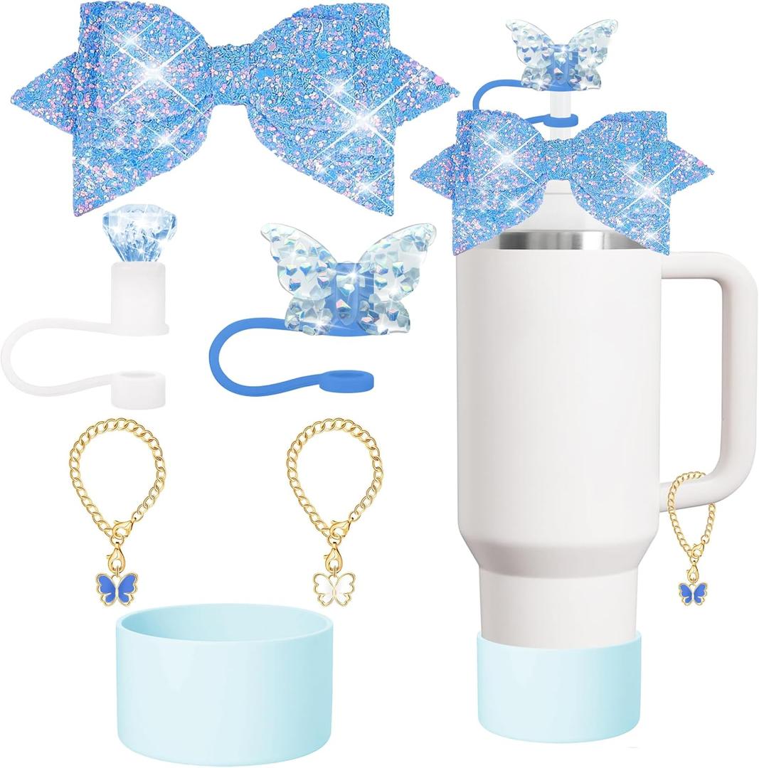 Stanley Charm accessories,bow and diamond straw lid,Stanley Cup 40 or 30 oz accessories with Charm,unique charm Tumbler accessories(Blue)
