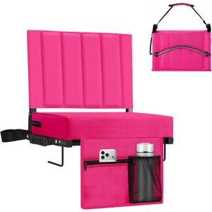 Stadium Seat for Bleachers with Back Support, Portable Bleacher Seat with Wide Comfy Padded Cushion, Metal Hook, Folding Stadium Chair with Shoulder Strap, Carry Handle, Cup Holder (Hot Pink)