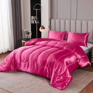Satin Comforter Set Queen - Silk-Like Hot Pink Alternative Down Comforter, Soft Polyester Filling, Luxury Silky Bedding Set With 1 Comforter and 2 Pillowcases (Queen, Hot Pink)