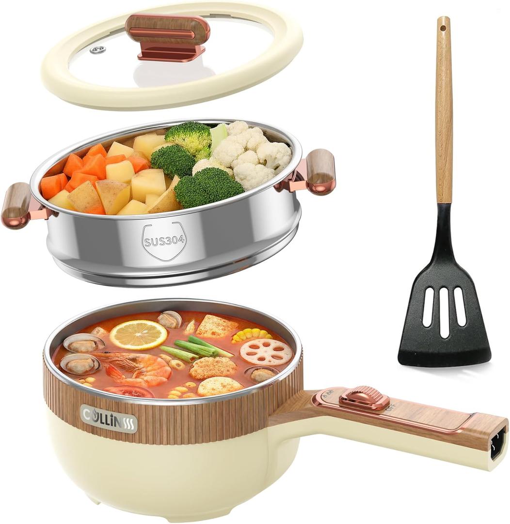 Hot Pot Electric, 1.5L Portable Electric Pot Frying Saut Pan Multifunctional Cooker for Ramen Steak Soup with Adjustable Power for Dorm Home Travel (Silicone Spatula Included)