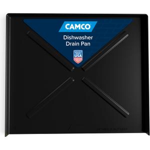 Camco Dishwasher Drain Pan | Protects Floors, Cabinets, Walls & Features Front Opening for Easy Leak Detection | Crafted of Heavy-Duty Polymer | Black, 23-5/8 x 20-1/2 (20602)