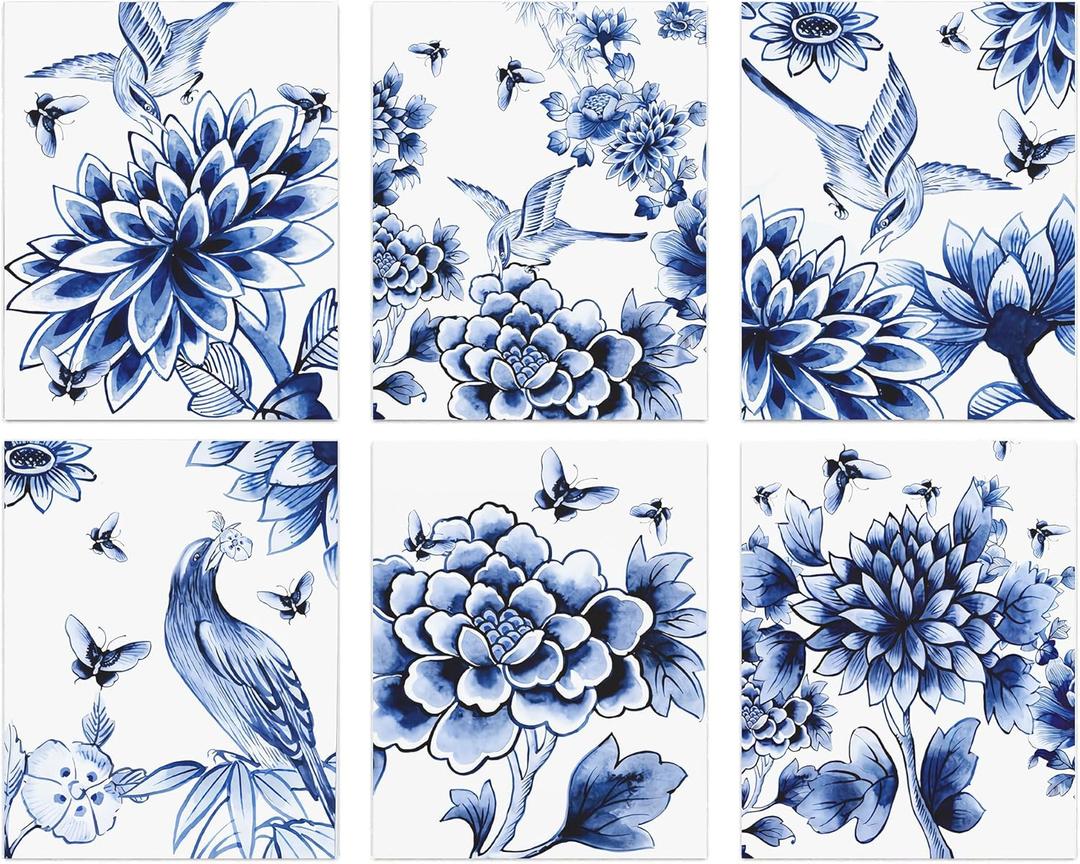 NIIORE Chinoiserie Blue Floral Birds Butterfly Wall Art Prints, Vintage Farmhouse Decor, Watercolor Flowers Botanical Plant Canvas Art Prints for Bedroom Garden Decoration, Set of 6 (8"x10" Unframed)