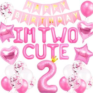 41 PCS Im Two Cute Birthday Decoration Girl Im Two Cute Balloon Pink Number 2 Balloons Girl 2nd Birthday Decoration
