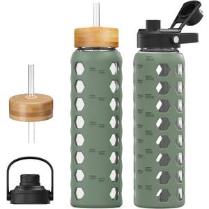 MUKOKO Glass Water Bottles, 32oz Glass Tumbler with Straw, Drinking Bottles with 2 Lids-Handle Spout Lid&Bamboo Straw Lid, Motivational Water Bottle with Time Marker and Silicone Sleeve, 1 Pack-Olive
