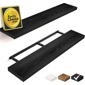BAYKA Floating Shelves, 48 inches Long Heavy Duty Wall Mounted Rustic Wood Shelves for Bathroom, Bedroom, Living Room, Kitchen, Office, Hanging Shelf for Books/Storage/Decor(Black,Set of 2) (A. Black - Universal Classic Style)