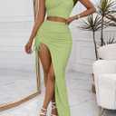 Sexy 2 Piece Maxi Skirt Sets for Women Off Shoulder Crop Top Bodycon High Slit Skirt Beach Dresses Summer Outfits (Green, M)