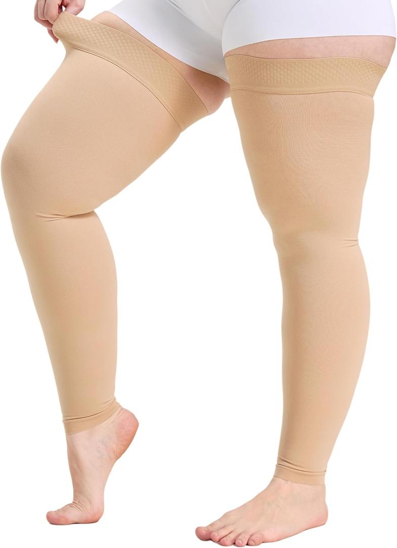 Plus Size 4XL Thigh High Compression Stockings Footless- 15-20mmHg Moderate Full Leg Support Hoses with Unisex Reinforced Silicone Top Band, Breathable Fabric in Beige for Nurses & Extended Standing (4XL)
