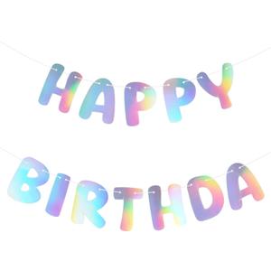 2 x hoyuwak Iridescent Happy Birthday Banners - 5x6 Inch Holographic Party Signs with Aurora, Rainbow, Flame Effects - 3M Adjustable Hanging Rope Kit - Perfect for Birthday Decorations, Photo Backdrops for Women & Men