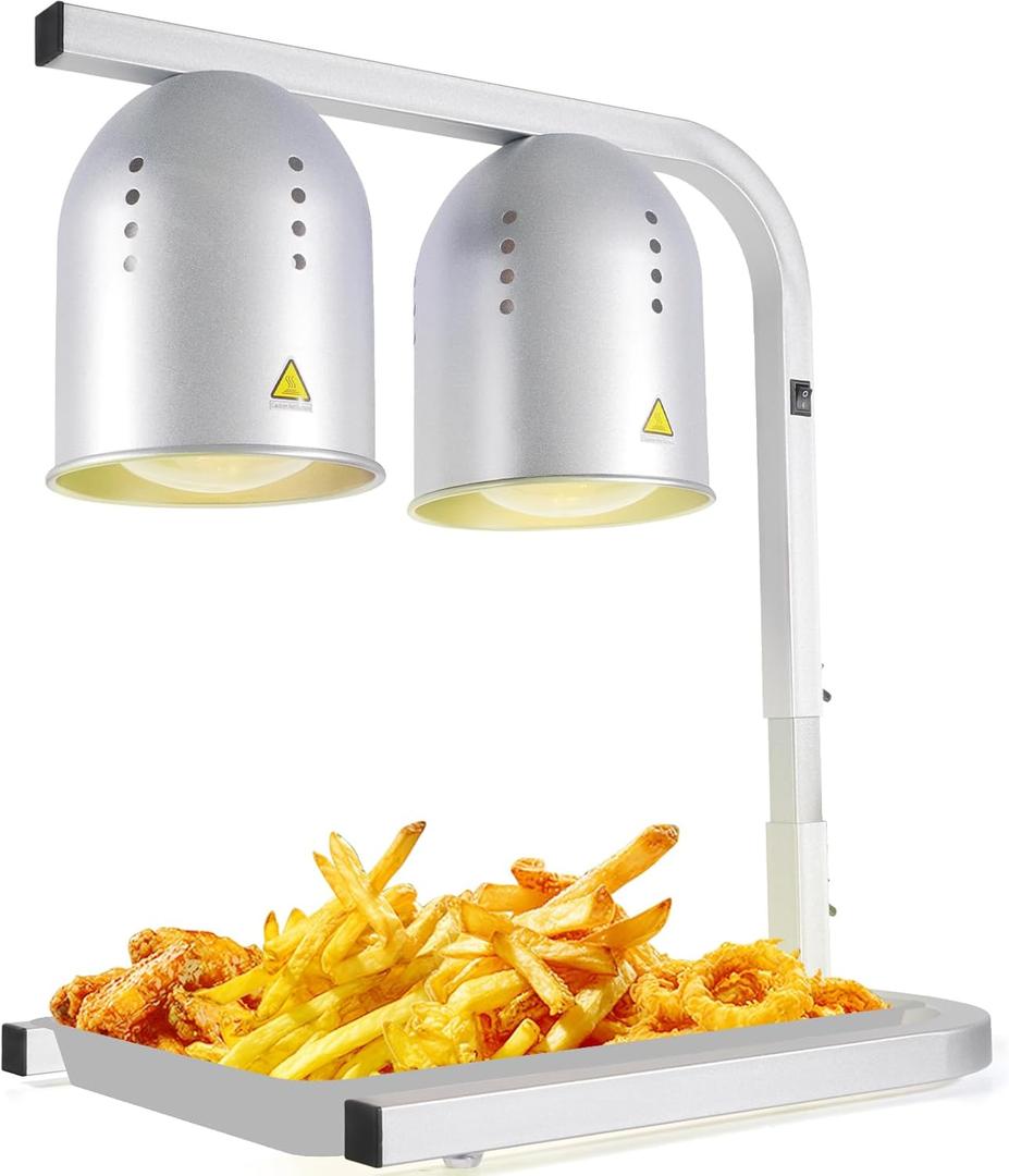 Heat Lamp for Food, with Two 250W Bulbs for Fast and Even Heating, Food Heat Lamp with Adjustable Height Stand, Commercial Food Warmer Lamp for Home, Fast Food Restaurant, Buffet, Bakery Silver