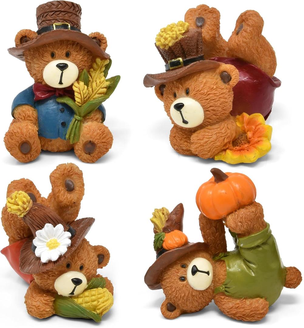 Gift Boutique Thanksgiving Mini Figurines Set of 4 - Fall Harvest Teddy Bears & Scarecrow Resin Tabletop Centerpiece with Pumpkin, Sunflower & Wheat