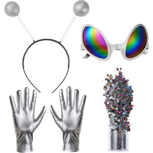 Spooktacular Creations Halloween Alien Accessory Set, Alien Costume With Antenna Headband, Sunglasses, Silver Gloves, Glitter Powder for Halloween Adult Cosplay Pretend and Play Party