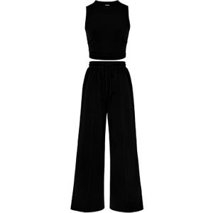 BTFBM Women Summer 2 Piece Outfits 2025 Beach Crew Neck Sleeveless Cropped Top Elastic Waist Wide Leg Pants Lounge Set (Small, Black)
