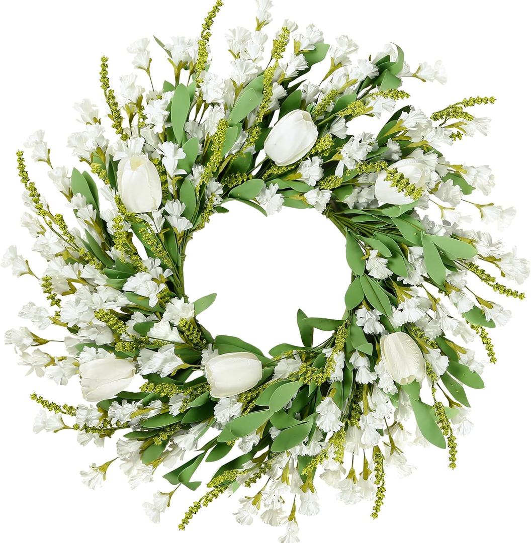 Sggvecsy Spring Summer Wreath for Front Door 22 Inch Artificial White Flower with White Tulips Greenery Leaves Lavender for All Seasons Home Farmhouse Indoor Outdoor Wall Decor