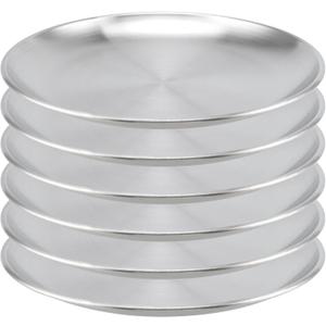 6PCS 11.81 Inch Stainless Steel Plates, Silver Flat Metal Dishes, Camping Serving Dinner Plats for Snack, BBQ