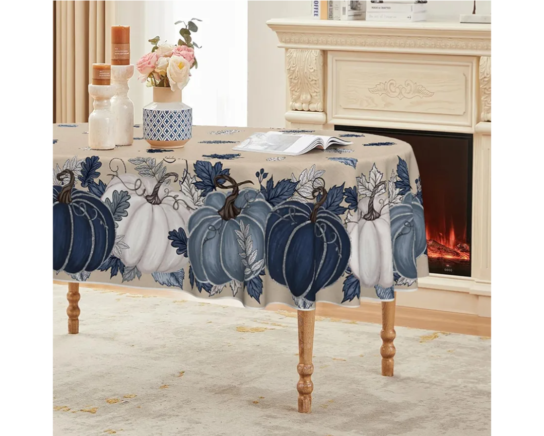 Horaldaily Fall Tablecloth 60×84 Inch Oval, Autumn Harvest Blue Pumpkin Floral Washable Seasonal Table Cover for Party Picnic Dinner Decor