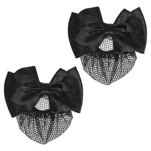 2 Pieces Hair Snood Net, Women's Bun Cover Hairnet Satin Bow Barrette French Clips Ribbon Flower Hair Accessories for Stewardess Banks Hotels Restaurant Staff (Black)