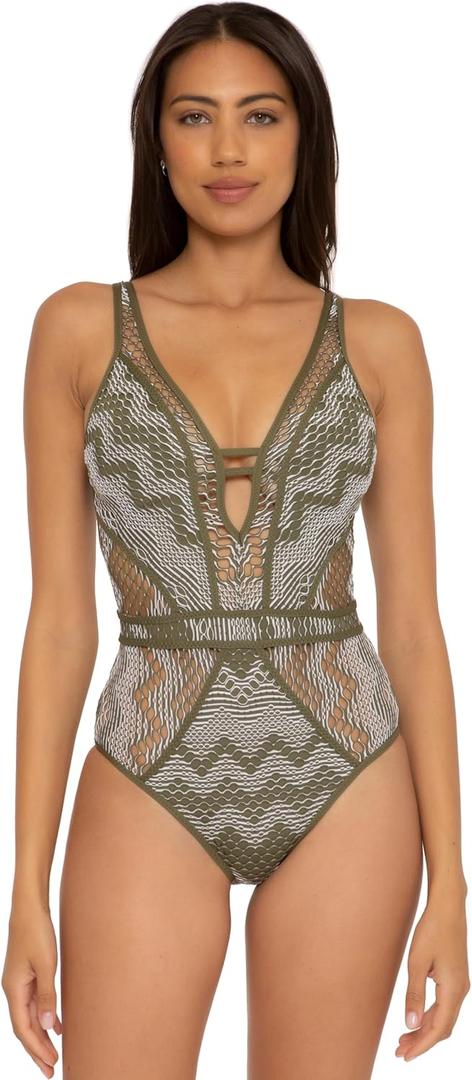 BECCA Color Play One Piece Swimsuit, Plunge Neck, Crochet, Bathing Suits for Women (Small, Seaweed)