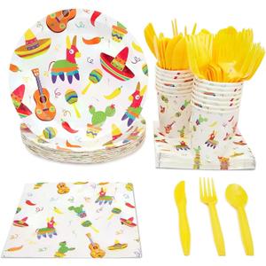 BLUE PANDA 144 Piece Let's Fiesta Dinnerware Set for Cinco de Mayo Party Supplies, Taco Tuesday Decorations (Serves 24)