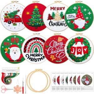 Riceshoot 8 Set Christmas Embroidery Kit for Beginner Adults Santa Gnome Wreath Xmas Tree Cross Stitch DIY Needlepoint Ornament Kit with Patterns Hoops Threads Needles Scissors for Craft