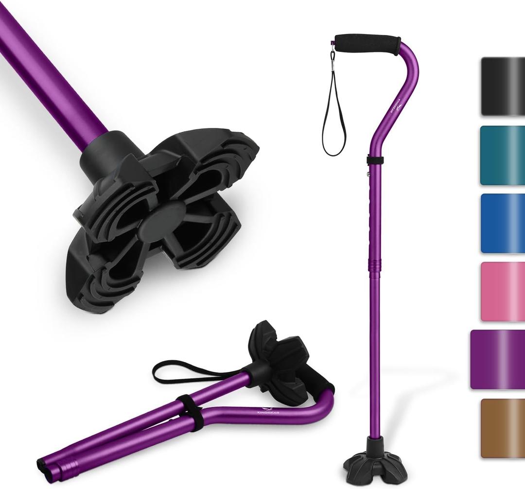 KINGGEAR F1 Walking Stick, Walking Cane for Women & Men with Wrist Strap, Lightweight & Sturdy Offset EVA Handle, Large Quad Base, Self Standing for Seniors and People with Injuries & Recovery (Purple)