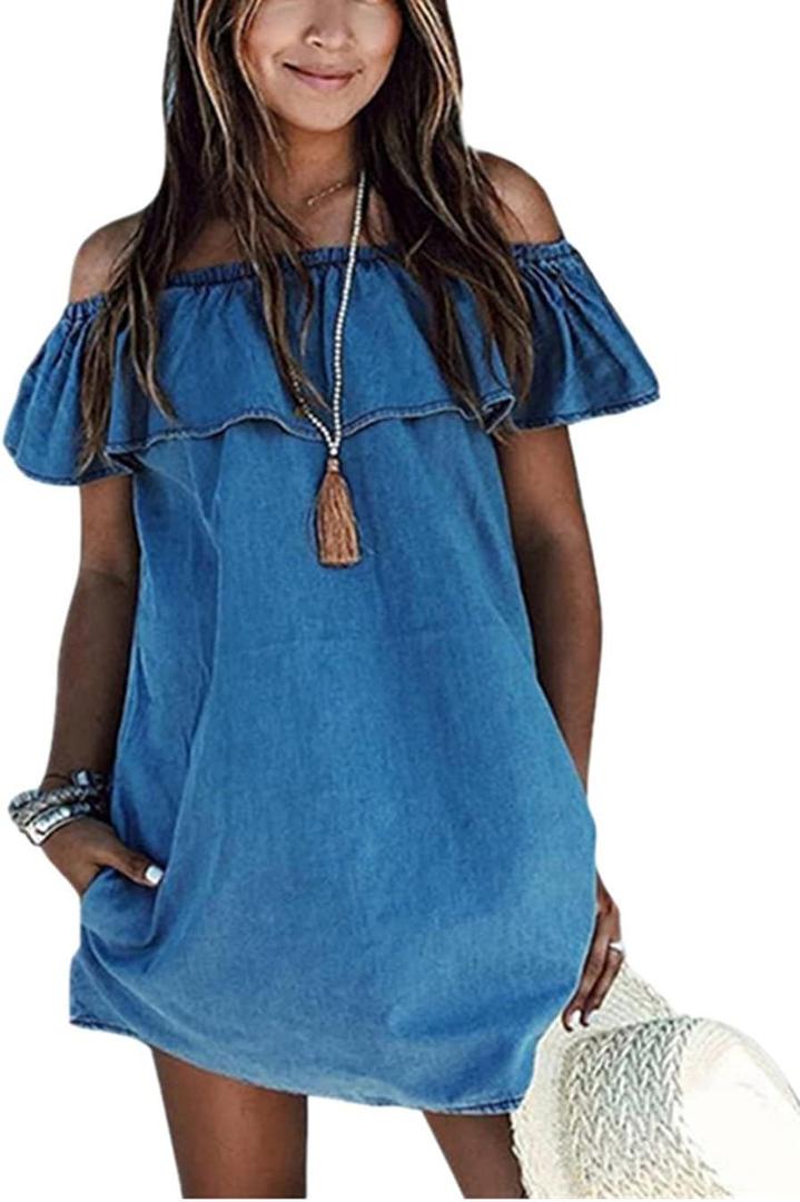 Women's Blue Jean Dress Off Shoulder Ruffle Short Sleeve Loose Denim Mini Dress with Pocket (Large)