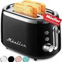 MÜELLERHOME Retro Toaster 2 Slice, 7 Browning Levels, 3 Functions (Reheat, Defrost, Cancel), Stainless Steel Features, Removable Crumb Tray, Under Base Cord Storage, Black Set of 4