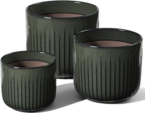 LE TAUCI Fluted Ceramic Planters Set of 3 – 8.3/7 / 5.7 in Dark Olive Reactive Cylinder Indoor Plant Pots with Drainage Plug & Mesh, Glossy Stoneware Flower Pots for Succulents Herbs