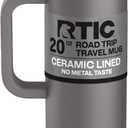 RTIC 20oz Road Trip Travel Mug with Lid and Handle, Ceramic Lined, Insulated, Stainless Steel, Metal, Double Wall Vacuum-Insulation, Portable Coffee, Tea Cup for Hot and Cold Drink, Graphite