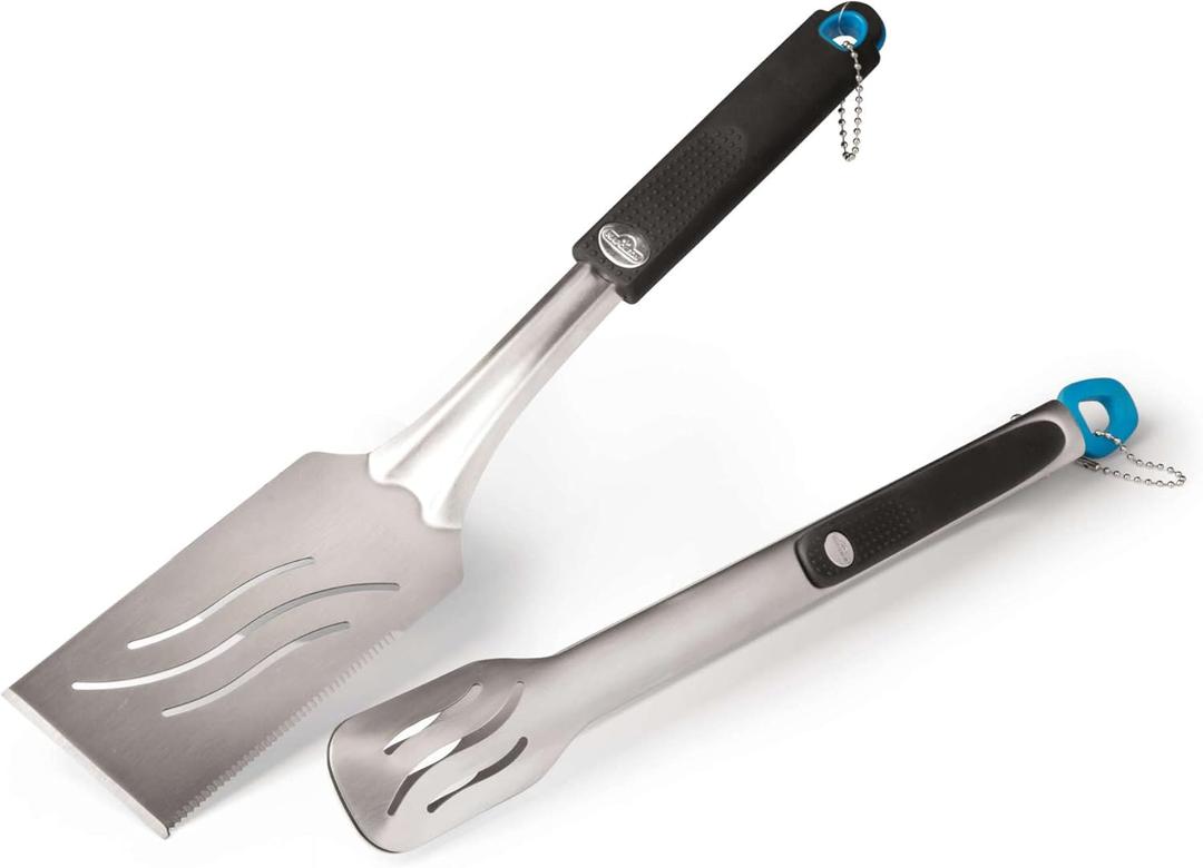 Napoleon Accessory 70032-2 Piece Toolset - BBQ Grill Toolset, Stainless Steel, Ergonomic Handles, Heat Safe Rubber Grip, Includes Tongs, Extra Long Multifunctional Spatula, Detatchable Hanging Loops
