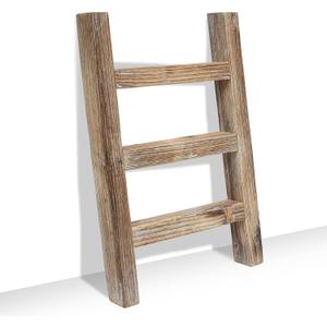 FUIN Wooden Tea Towel Ladder, Mini Ladder Towel Rack Display Hanger, Small Rustic Farmhouse Tea Towel Stand Holder for Country Bathroom Decor, Burnt Brown (9.45 x 1.3 x 14.2 inchs, Natural)