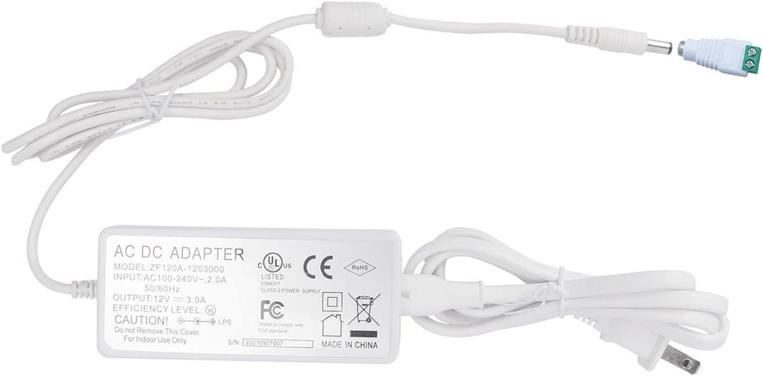 Litever Power Supply, LED Transformer, White, 12VDC 3 Amps,110VAC to 12V DC, Max Output 3A, 36W. Standard 110VAC US Input Plug, 5.5mm x2.1mm Output Connector, for LED Light Strip and More